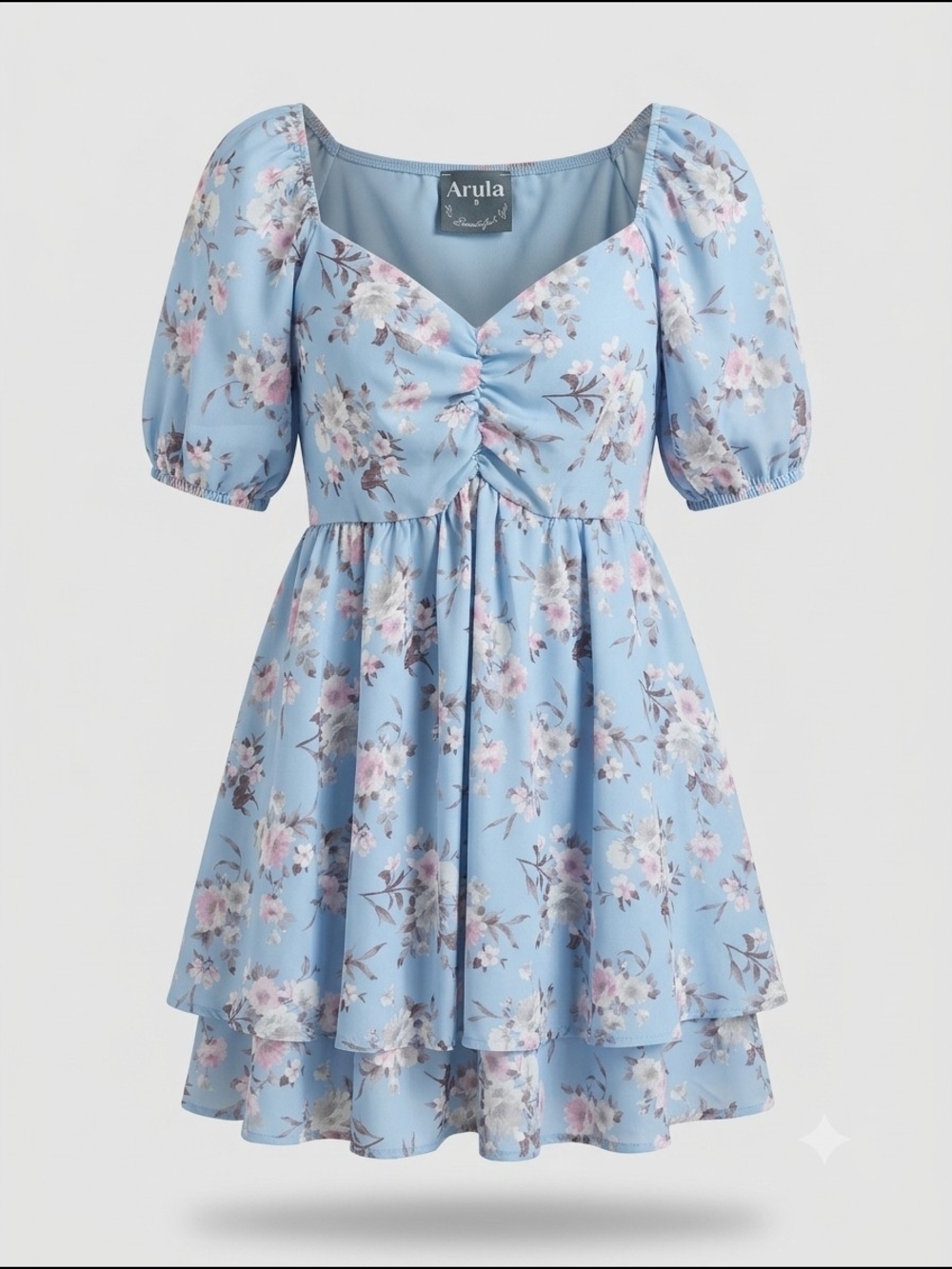 Arula Blue Floral Puff-Sleeve Romper